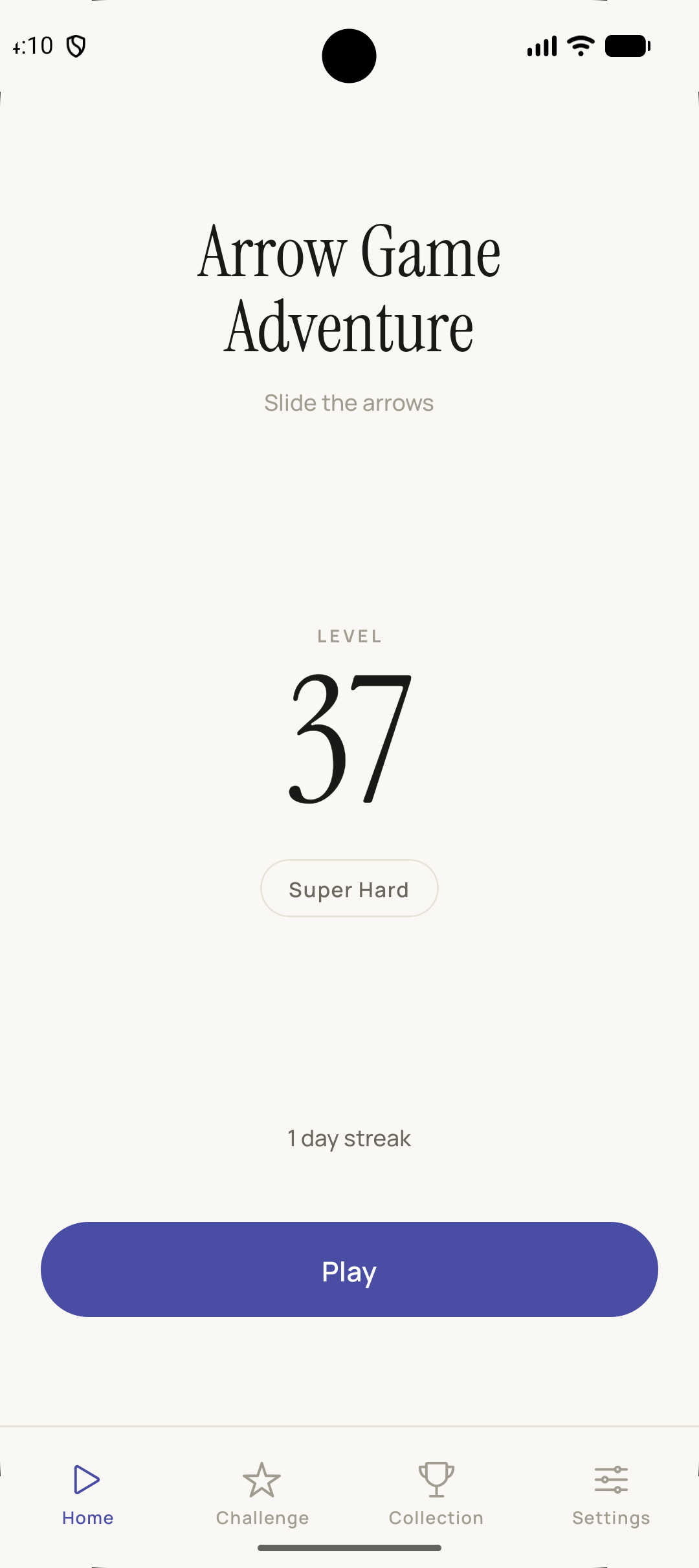 Home screen with the current level