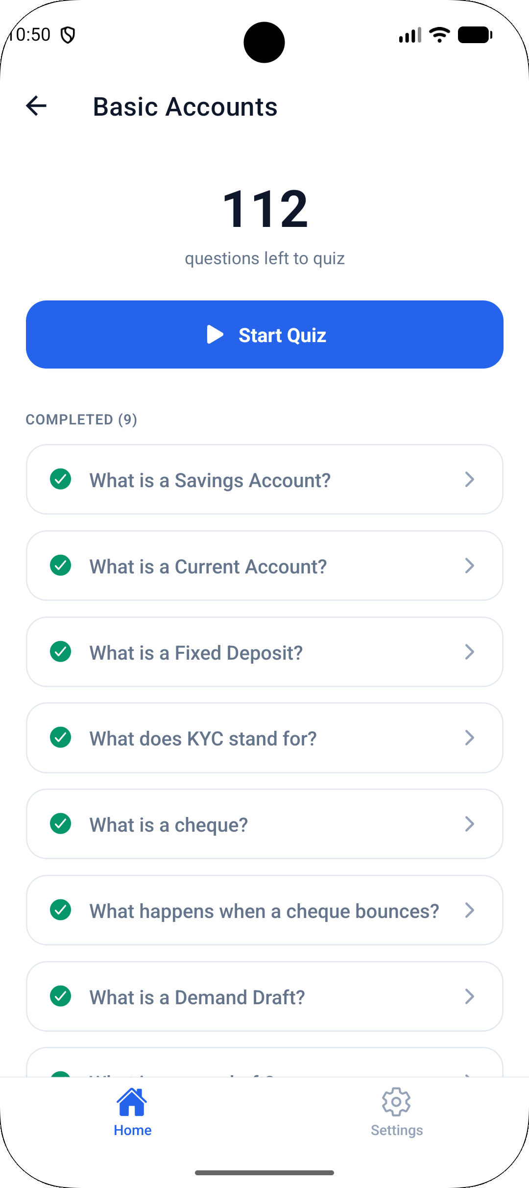 Completed questions progress tracking