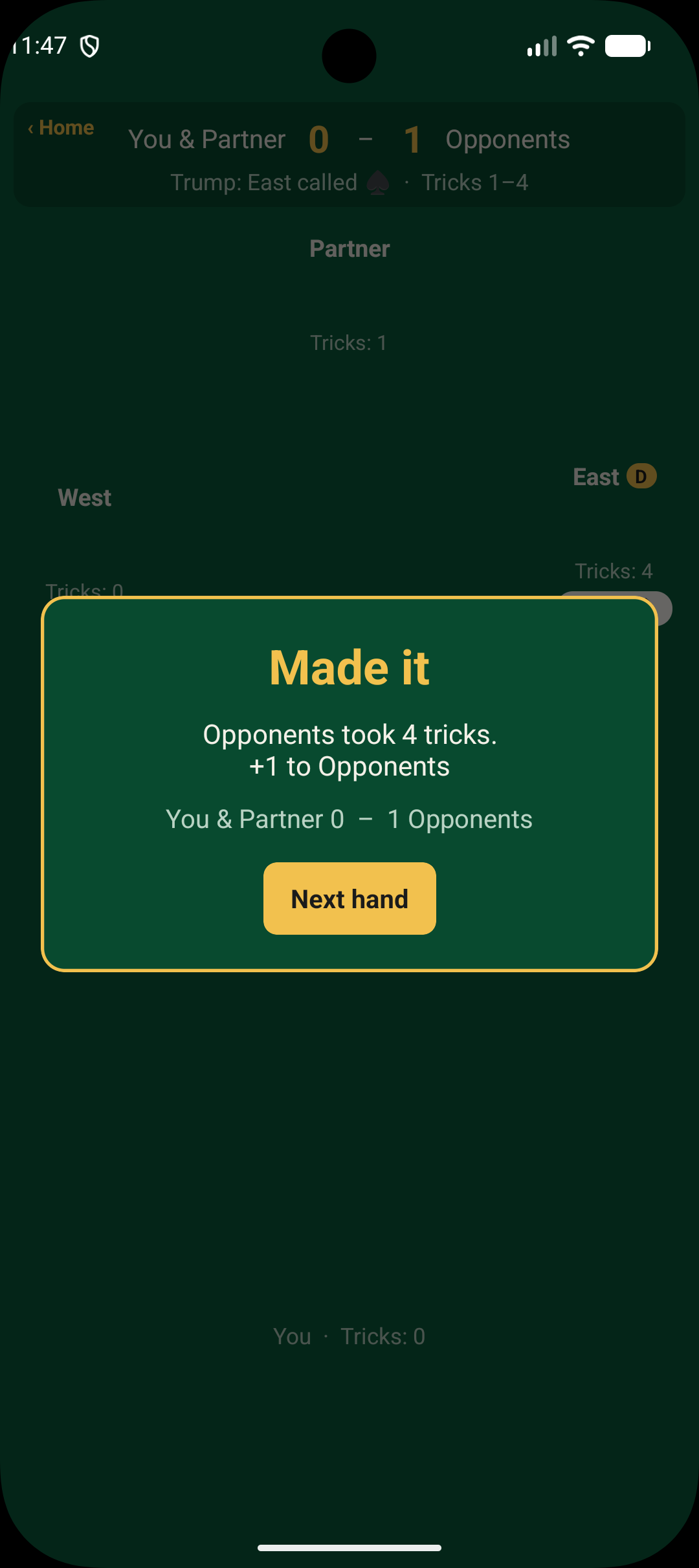 End of hand result
