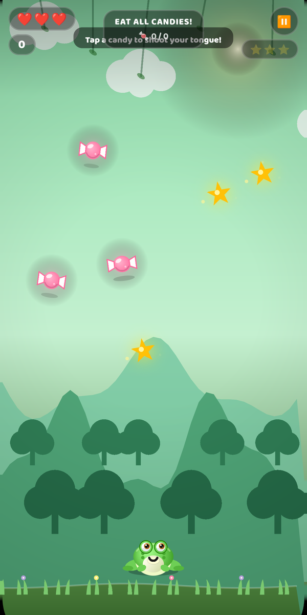A level in play: hearts, the goal, and candy to catch