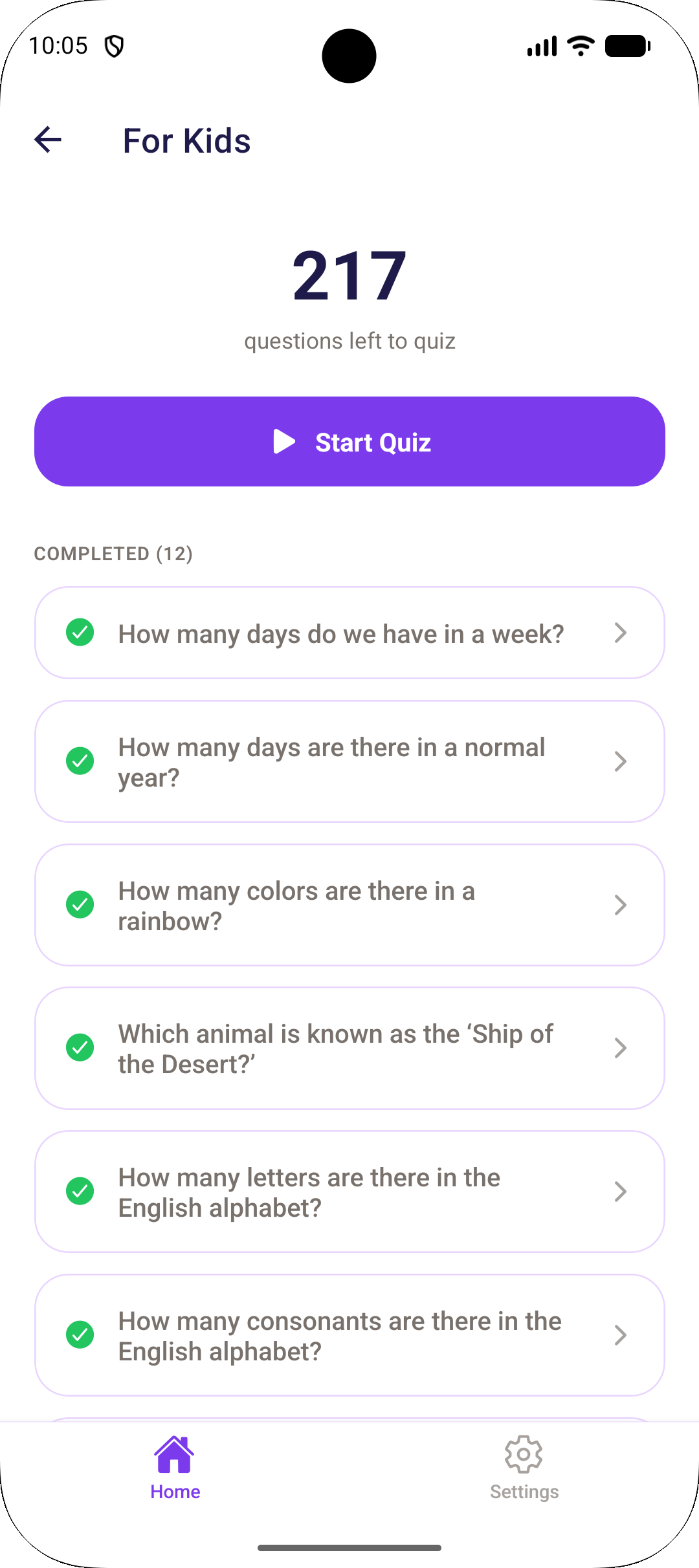 Completed questions progress tracking