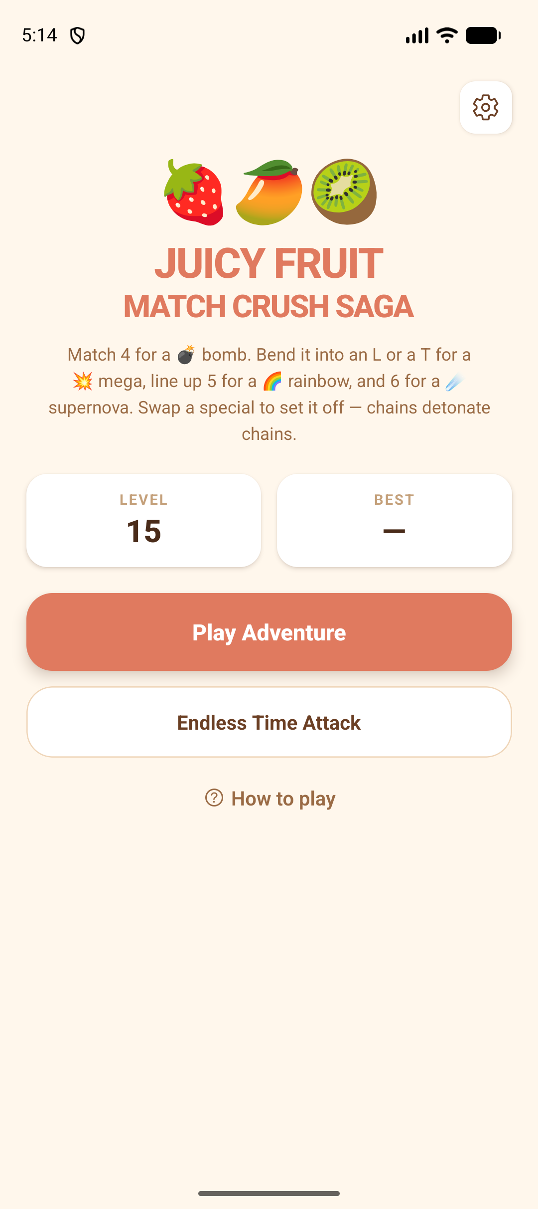 Home screen showing your level and best score