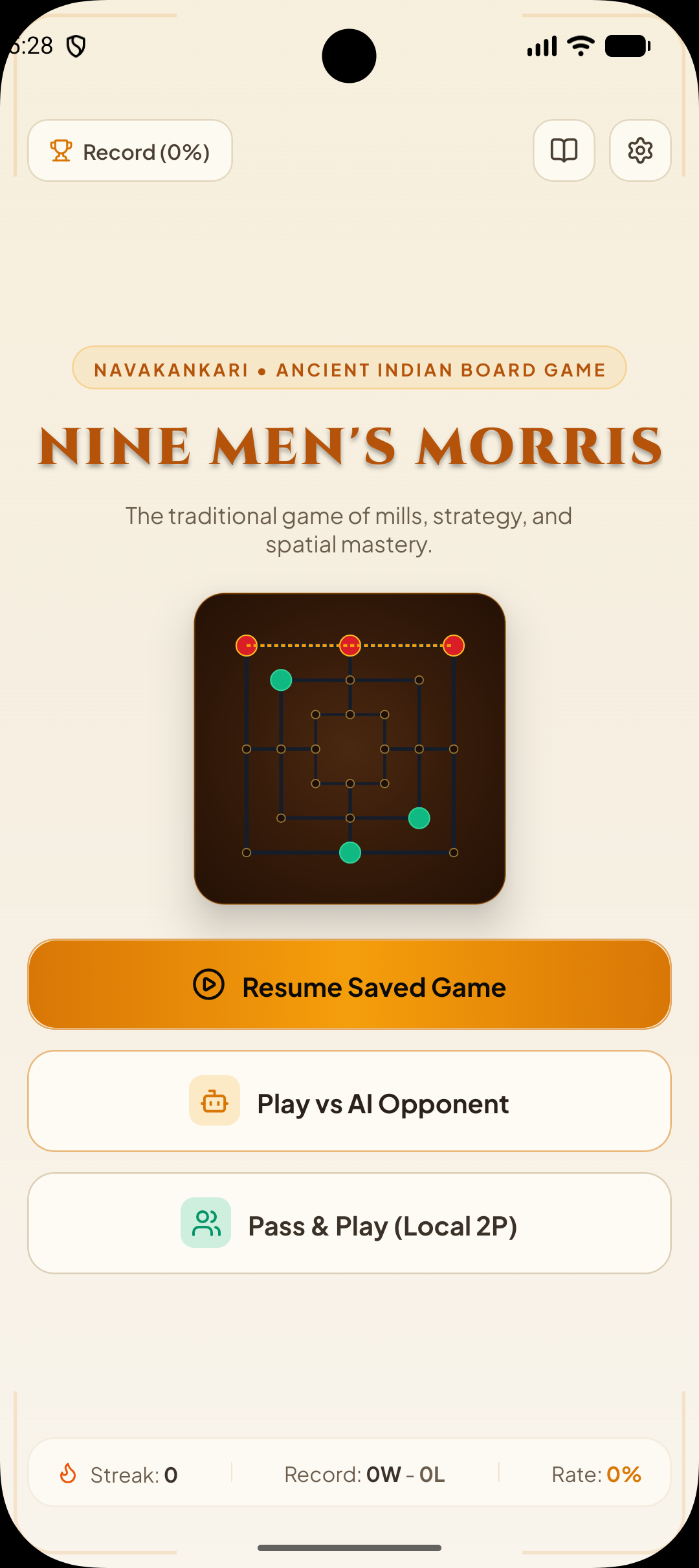 Main menu with the wooden board