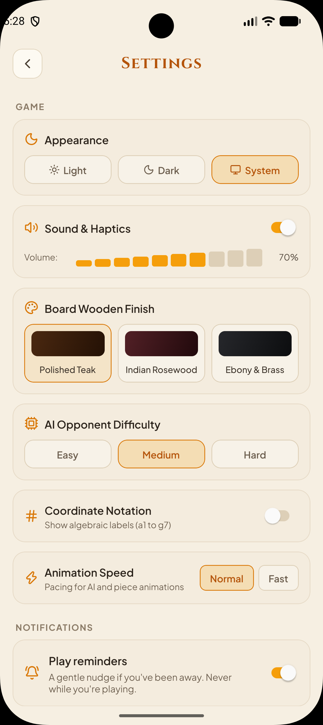 Settings: appearance, sound, board finish and difficulty