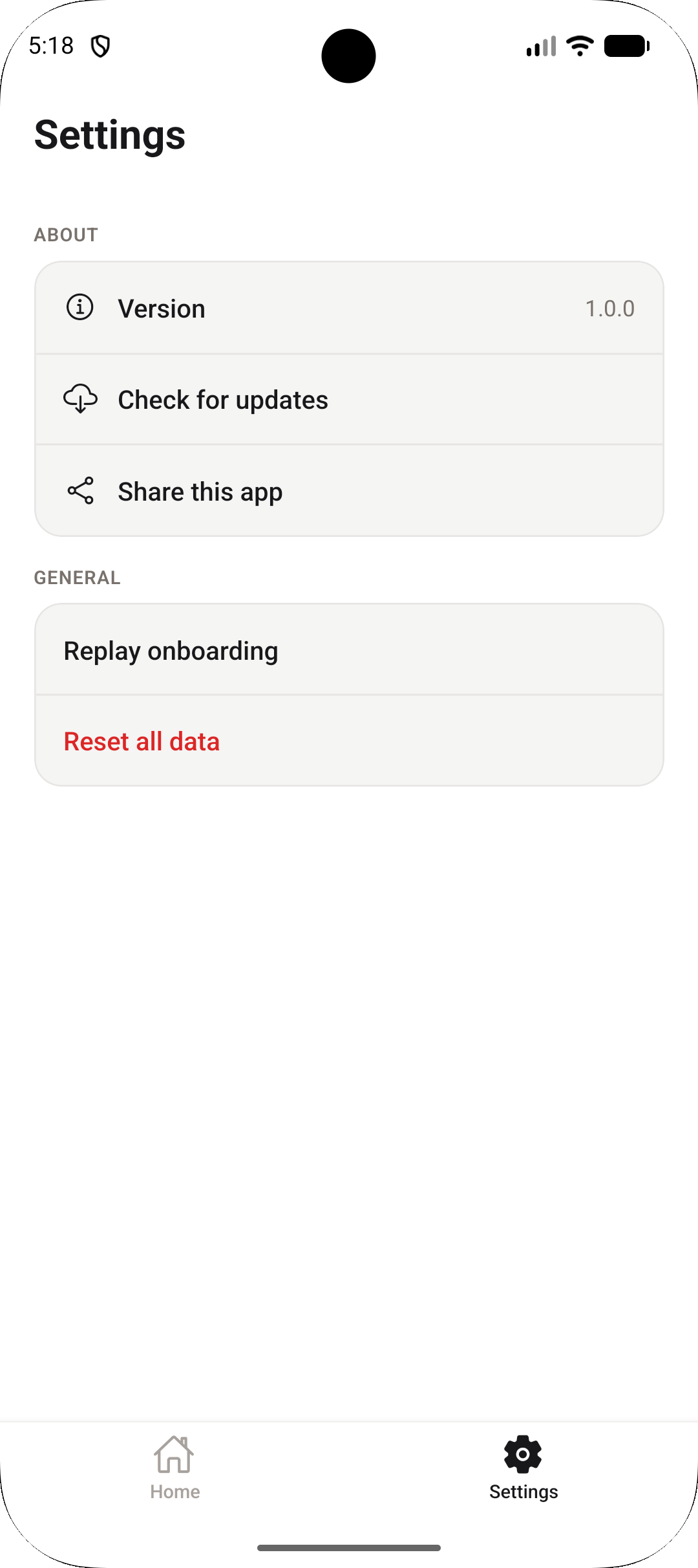 Settings screen